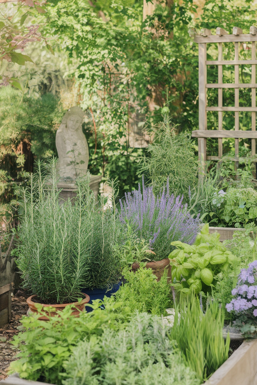 A beautiful outdoor herb garden showcasing various herbs like rosemary, lavender, and basil, with a statue and wooden trellis in the background.