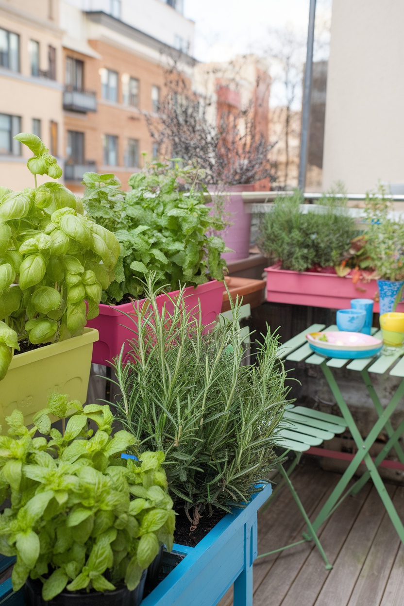 Colorful potted herbs on a balcony with a small seating area