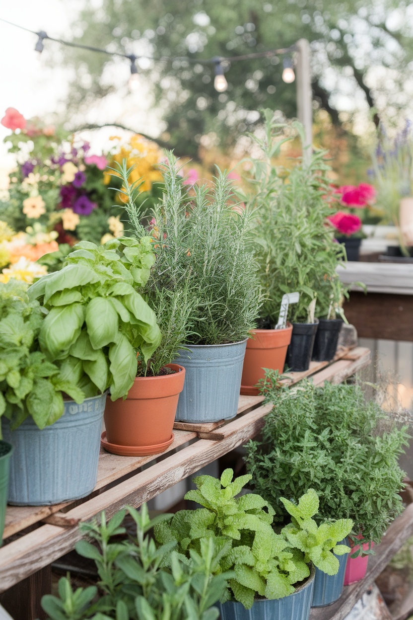 A collection of potted herbs on a wooden shelf in an outdoor balcony setting, surrounded by colorful flowers.