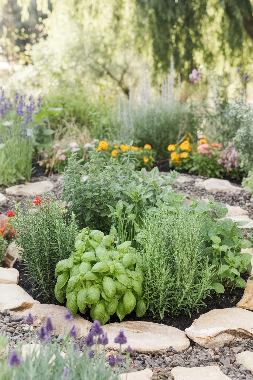 A circular herb garden surrounded by stones, featuring various herbs and colorful flowers.