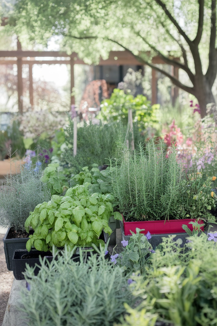 A variety of herbs in outdoor containers, including basil, rosemary, and lavender.