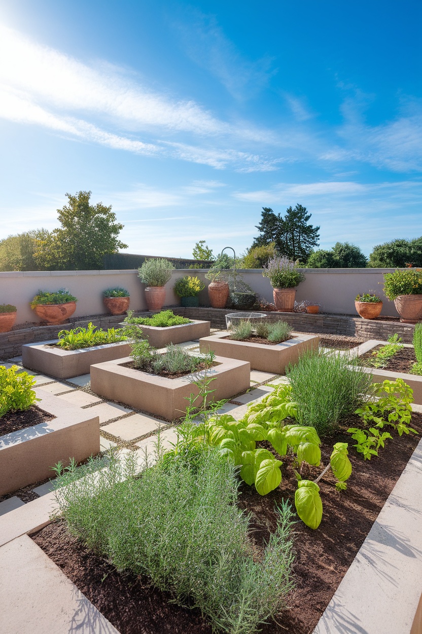 An outdoor herb garden featuring raised beds filled with various herbs and terracotta pots.