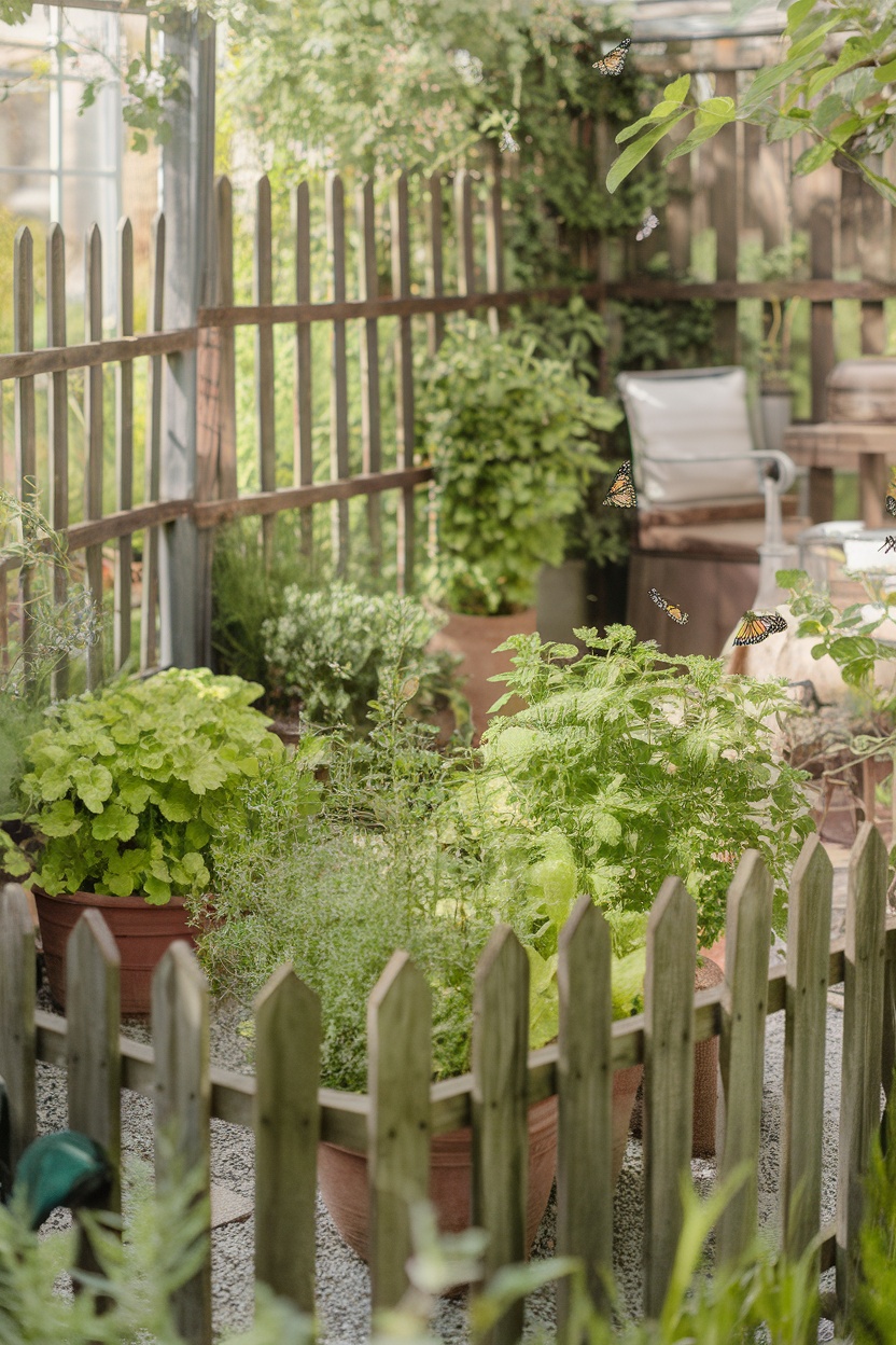 A serene herb garden enclosed by a wooden fence, featuring various potted herbs and a seating area.