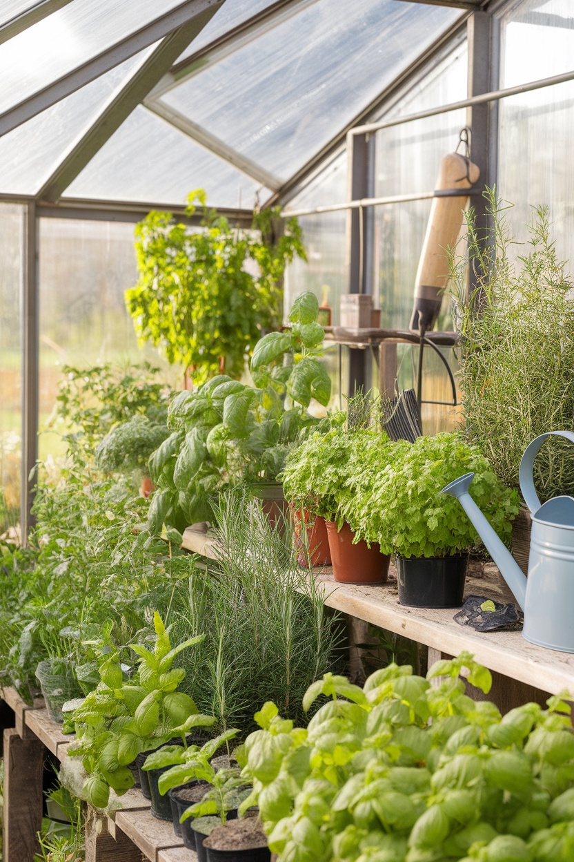 A greenhouse filled with various herbs on wooden shelves, showcasing healthy plants and a watering can.