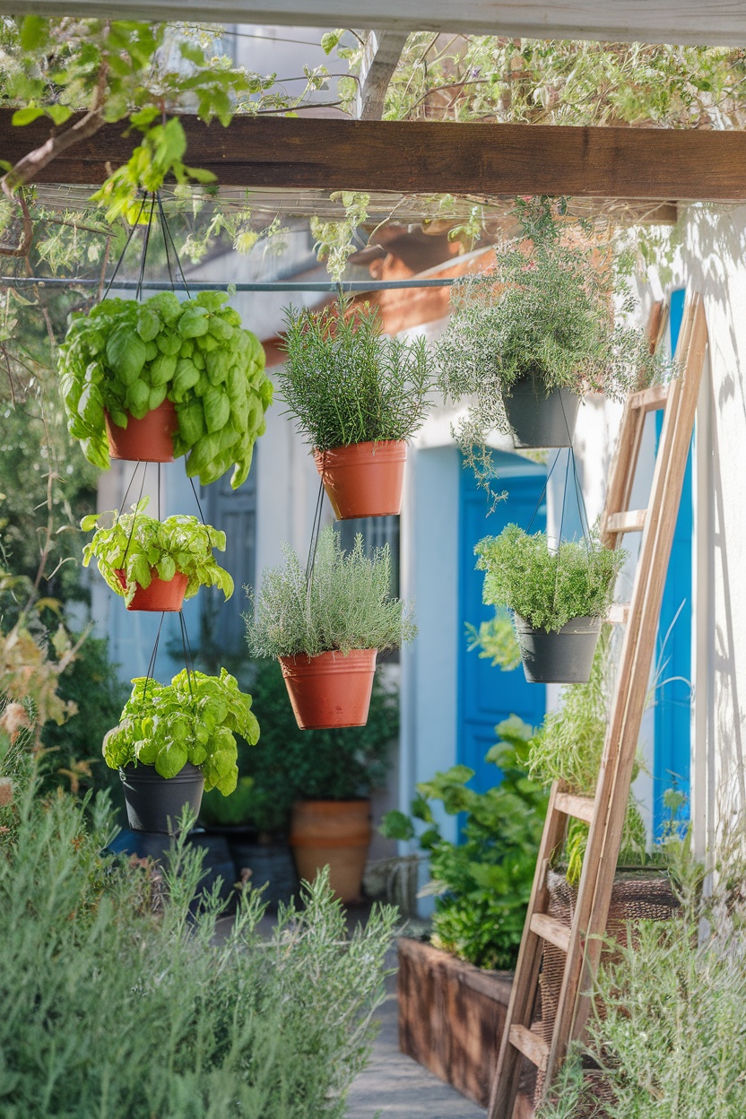 Hanging pots of basil, rosemary, and thyme in a bright outdoor setting