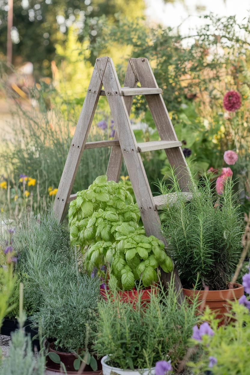 A wooden ladder used as a planter for herbs, surrounded by various green plants.