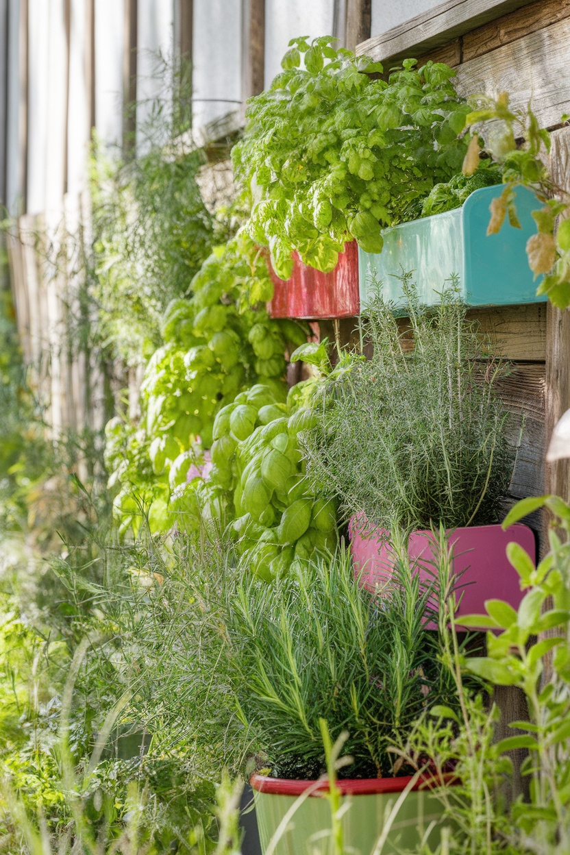 Colorful pots with herbs growing on a wooden wall