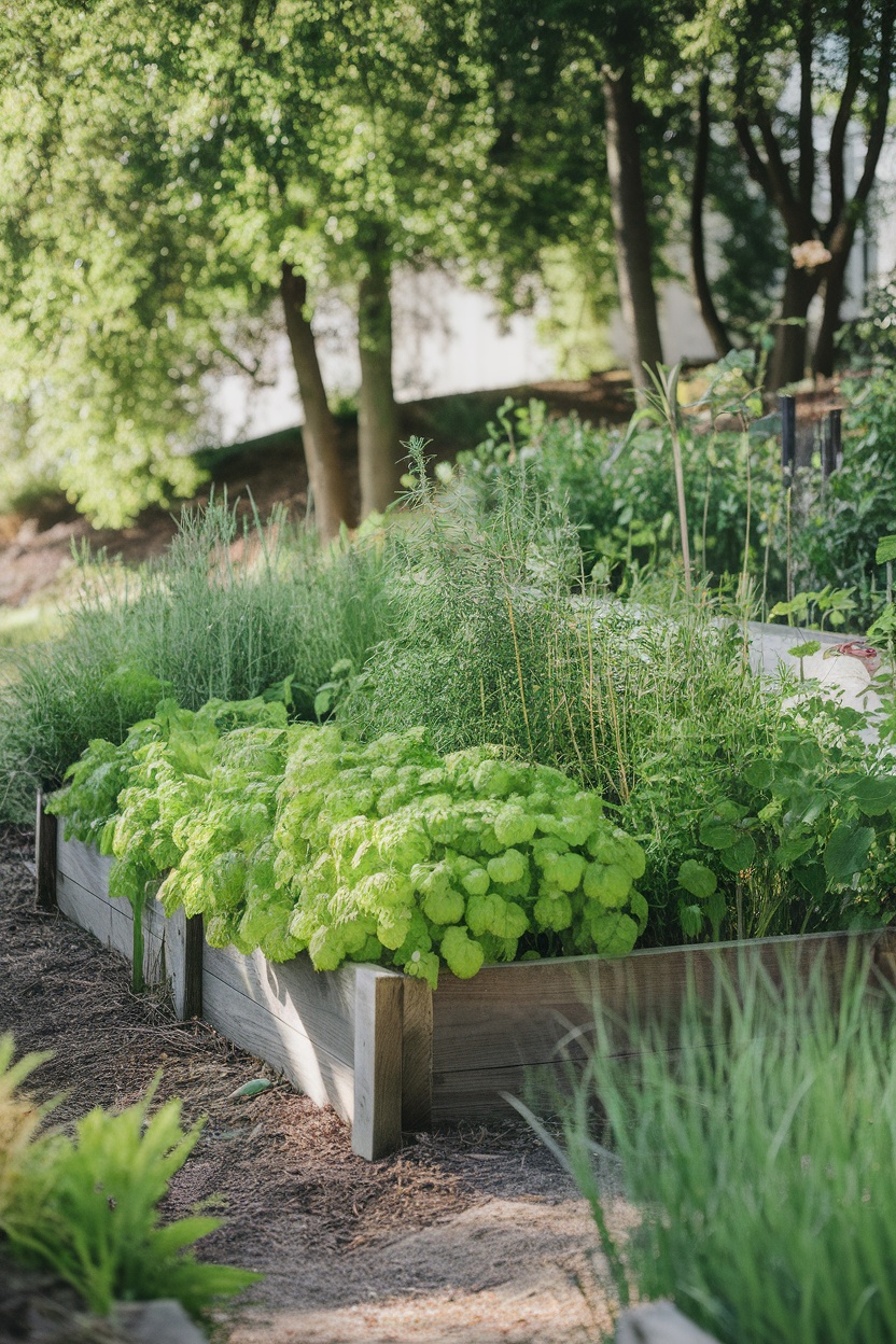 A lush raised herb garden filled with various green herbs, surrounded by trees and natural light.