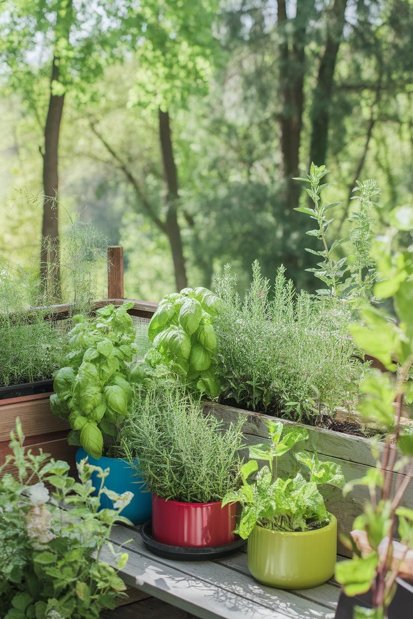 Colorful herb garden with various herbs in pots, set in a sunny outdoor space surrounded by greenery.