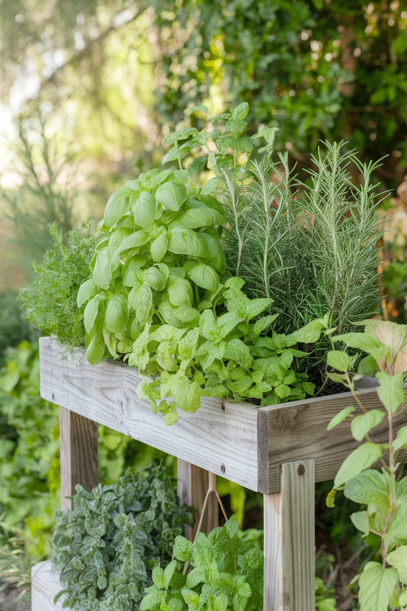 A wooden herb garden stand with various herbs like basil, mint, and rosemary