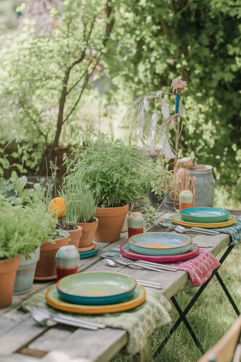 Outdoor table set with colorful plates surrounded by potted herbs in a garden