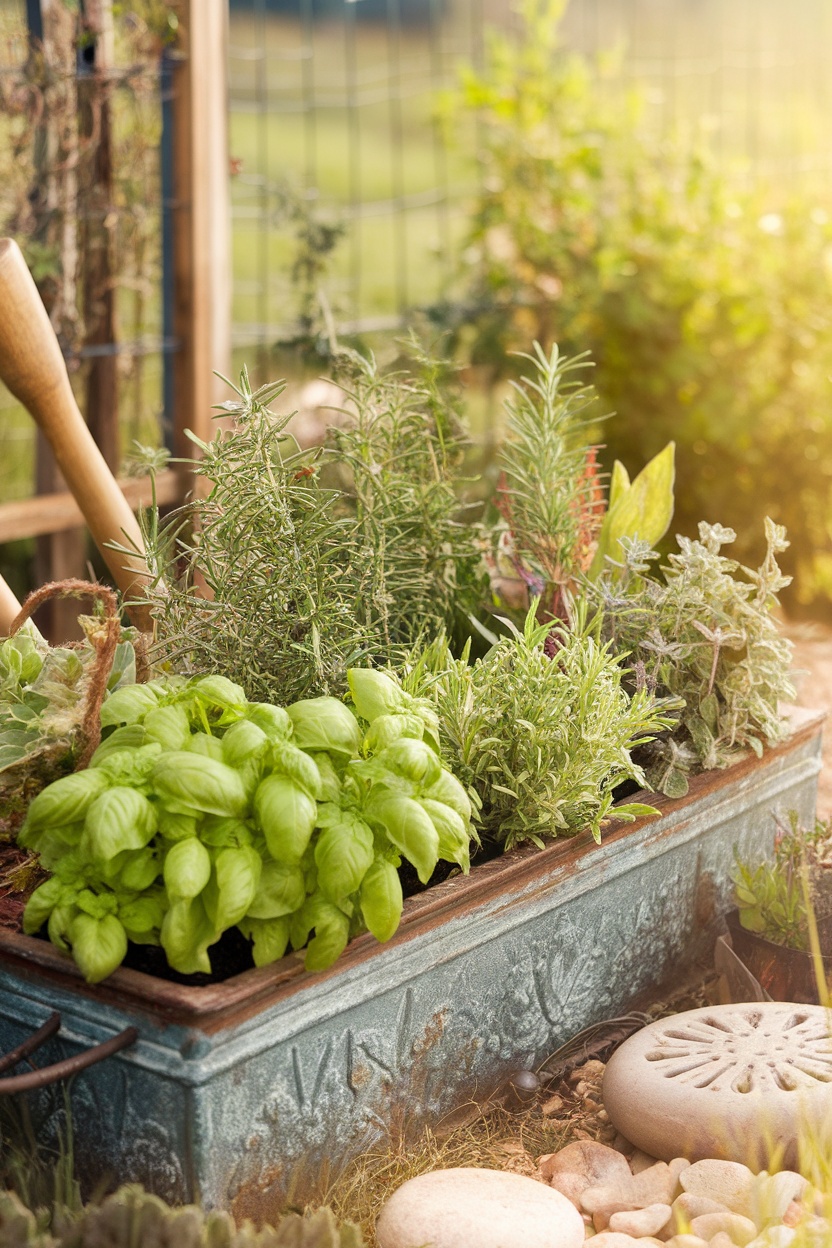 A rustic trough filled with various herbs like basil and rosemary in an outdoor garden setting.