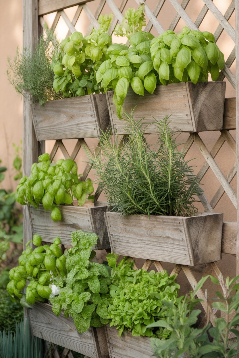 Vertical herb garden with wooden planters filled with various herbs