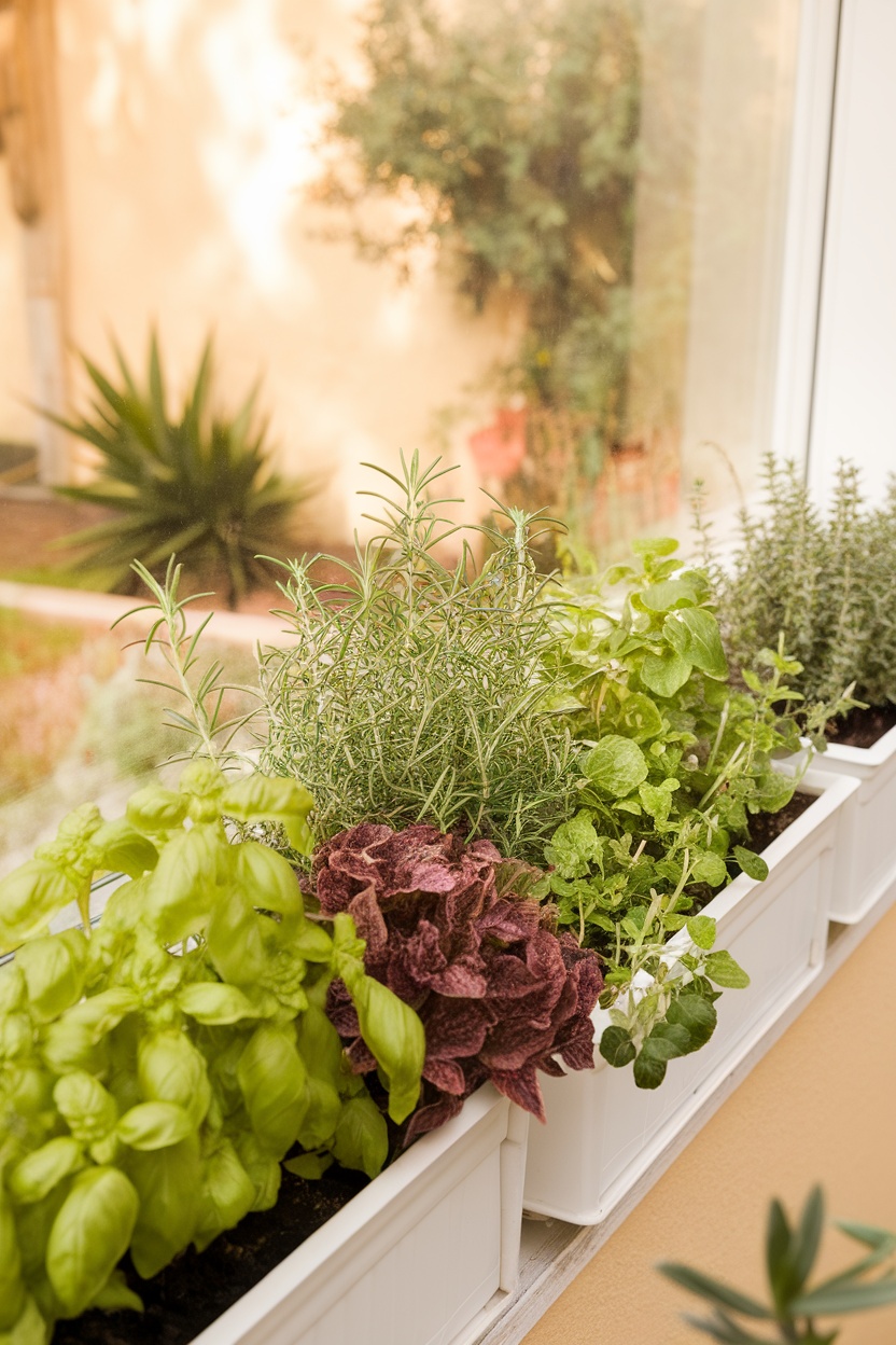 A window box filled with various herbs including basil, rosemary, and greens.