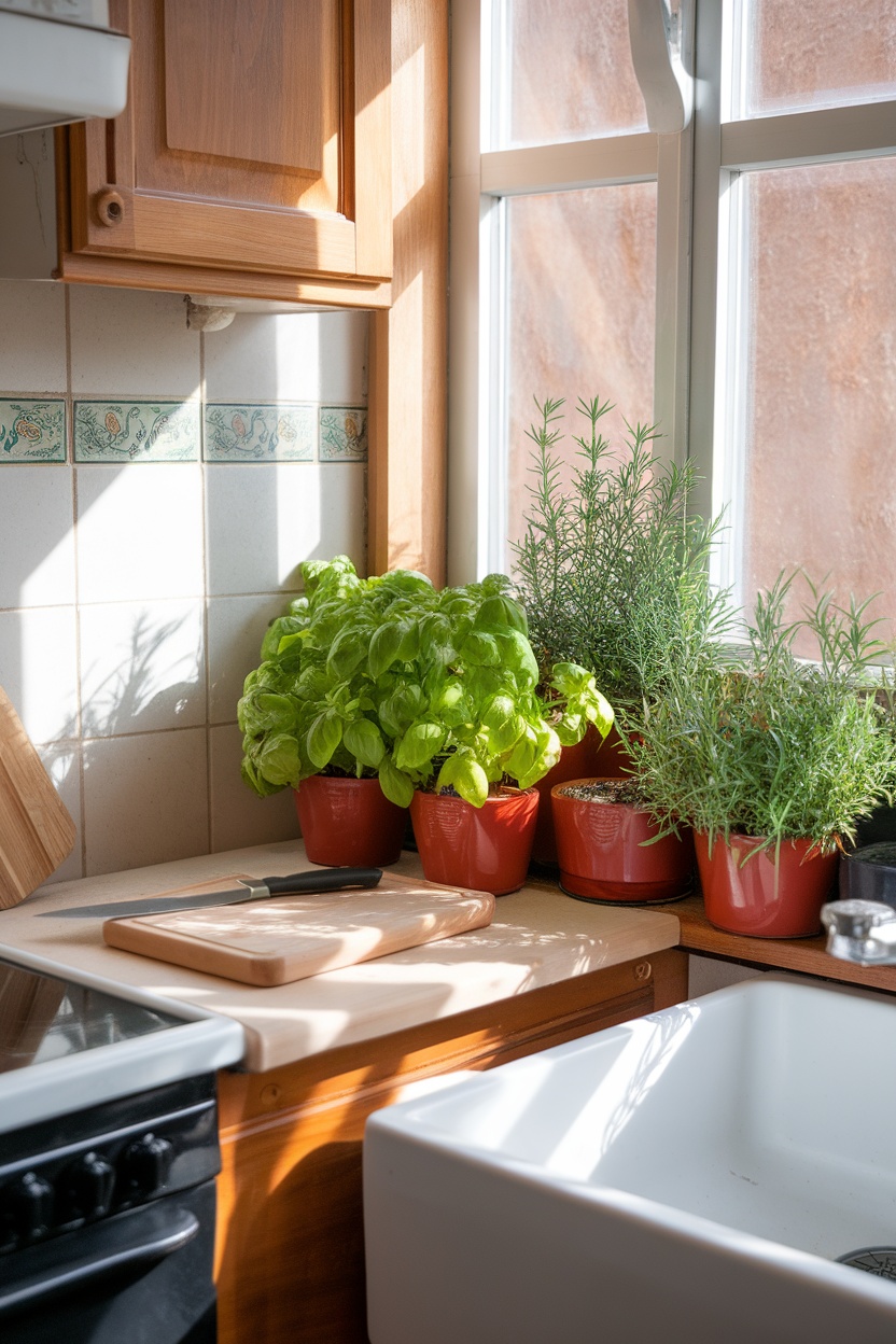 A sunny kitchen window with pots of basil and rosemary herbs on the counter.