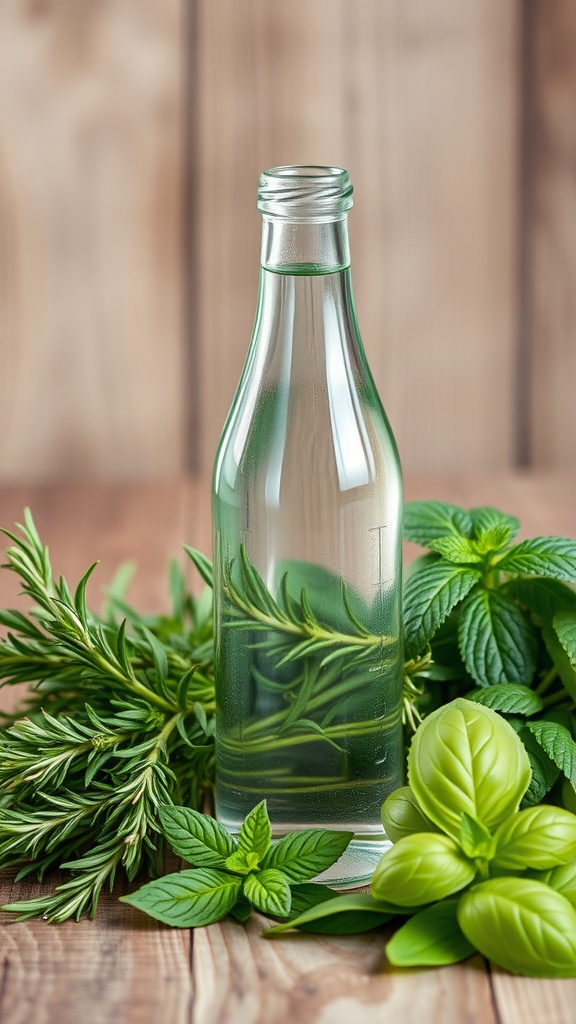 A bottle of herb-infused water surrounded by fresh herbs