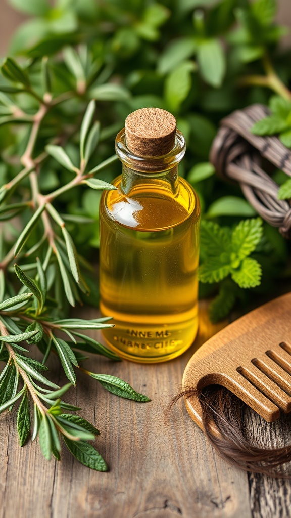 A bottle of herb infused hair growth oil surrounded by various herbs and a wooden comb.