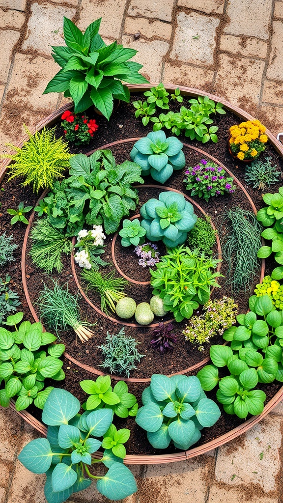 A beautiful herb spiral garden design featuring various herbs and plants arranged in a spiral pattern.