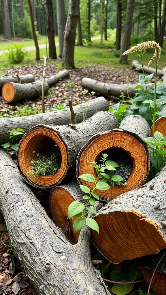 A serene forest scene with hollowed logs serving as planters, filled with vibrant green herbs and flowers, surrounded by trees.