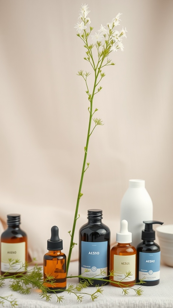 A collection of bottles and a flowering horsetail herb used for hair growth.