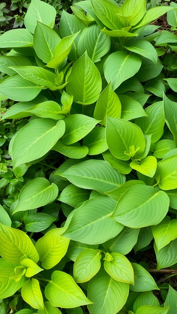 Close-up of lush green hosta leaves, showcasing various shades and textures.