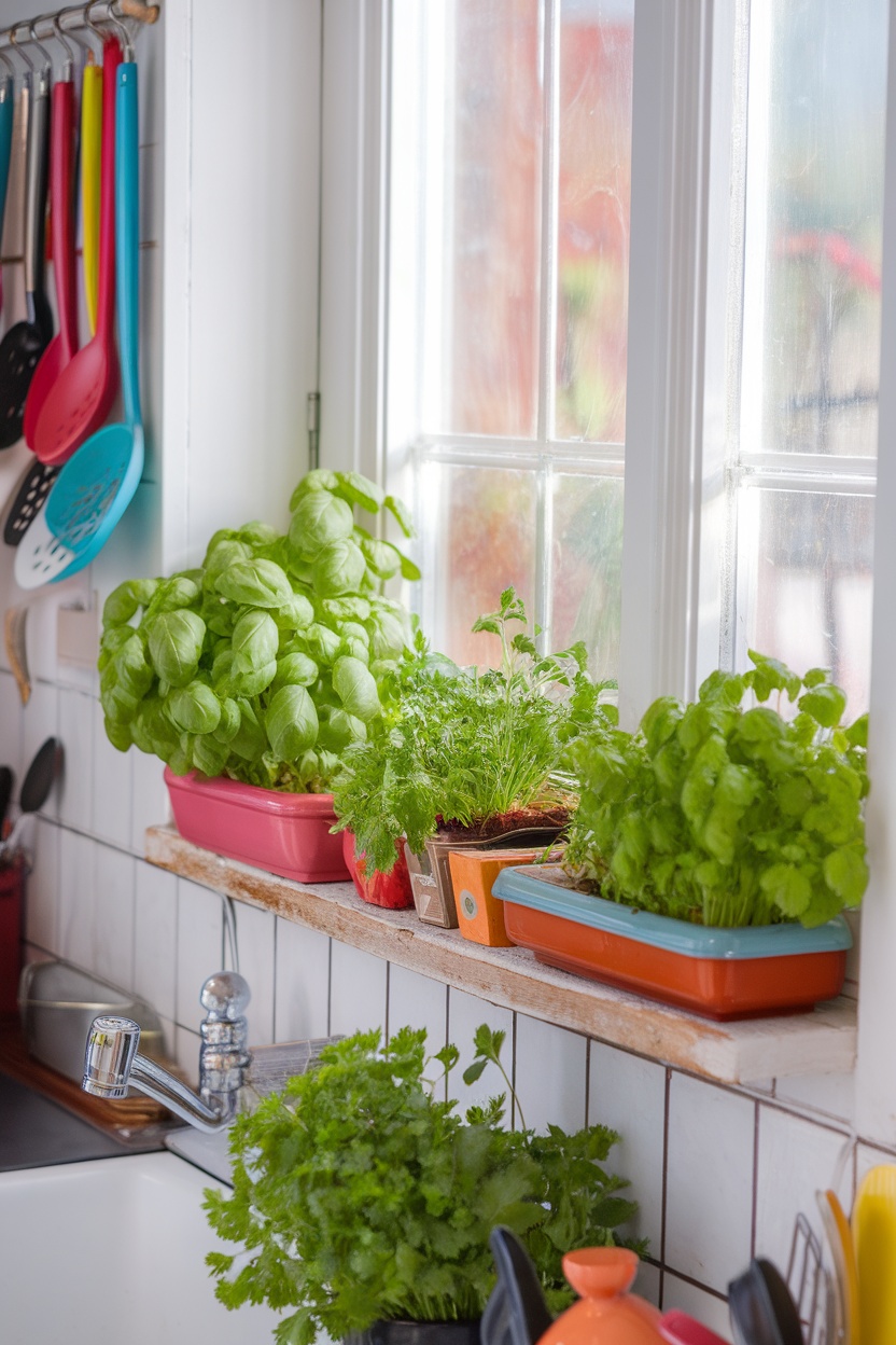 Colorful window herb garden with basil, cilantro, and parsley in the kitchen