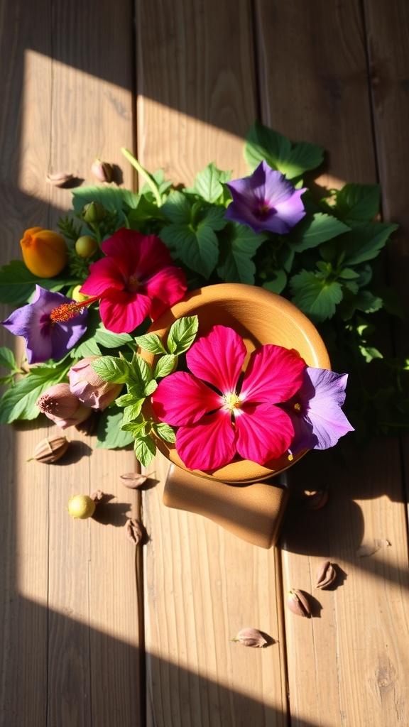 A variety of vibrant herbs and flowers, including hibiscus, arranged beautifully.