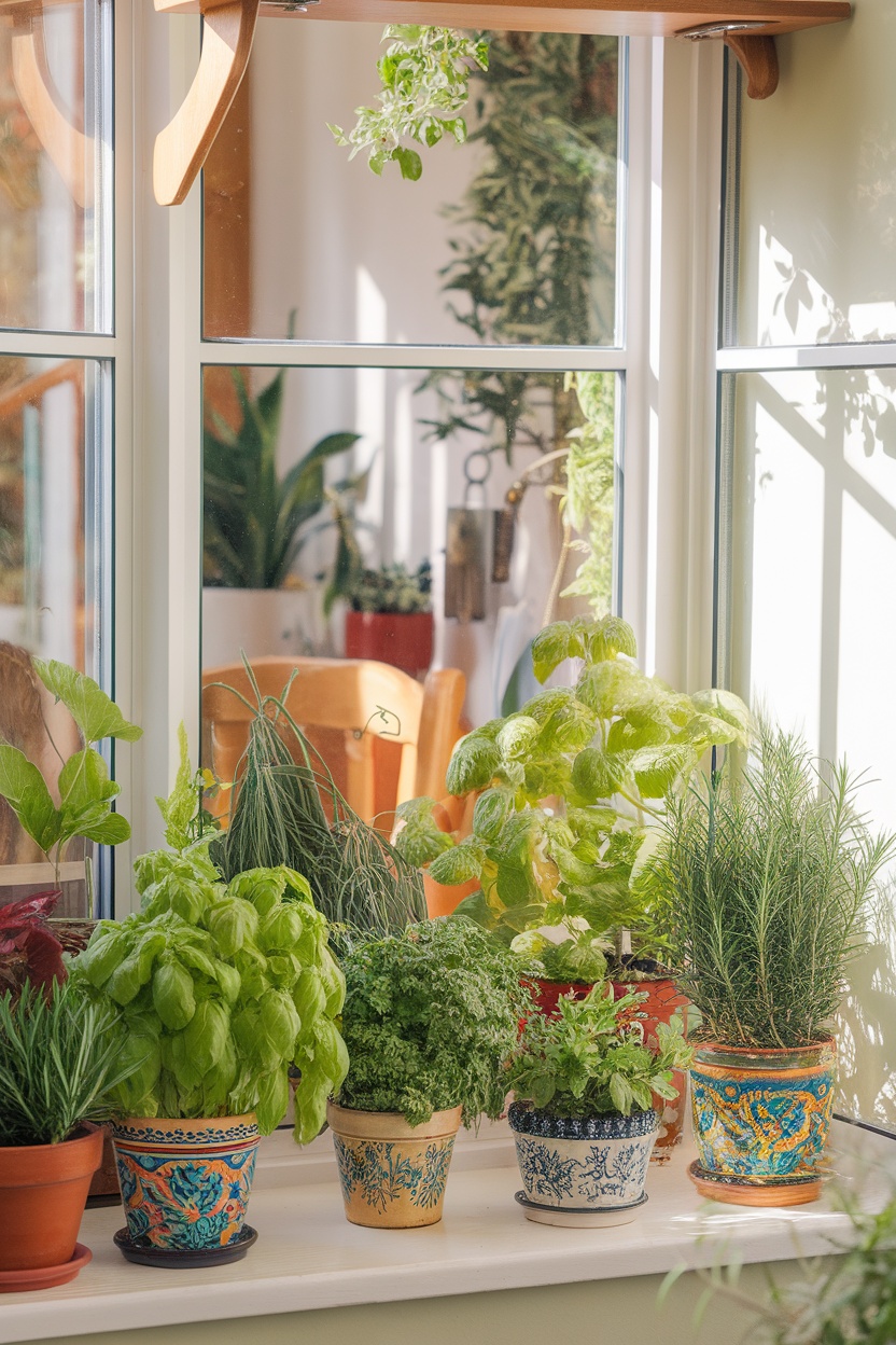 A vibrant indoor herb garden in a sunny bay window, featuring various herbs in decorative pots