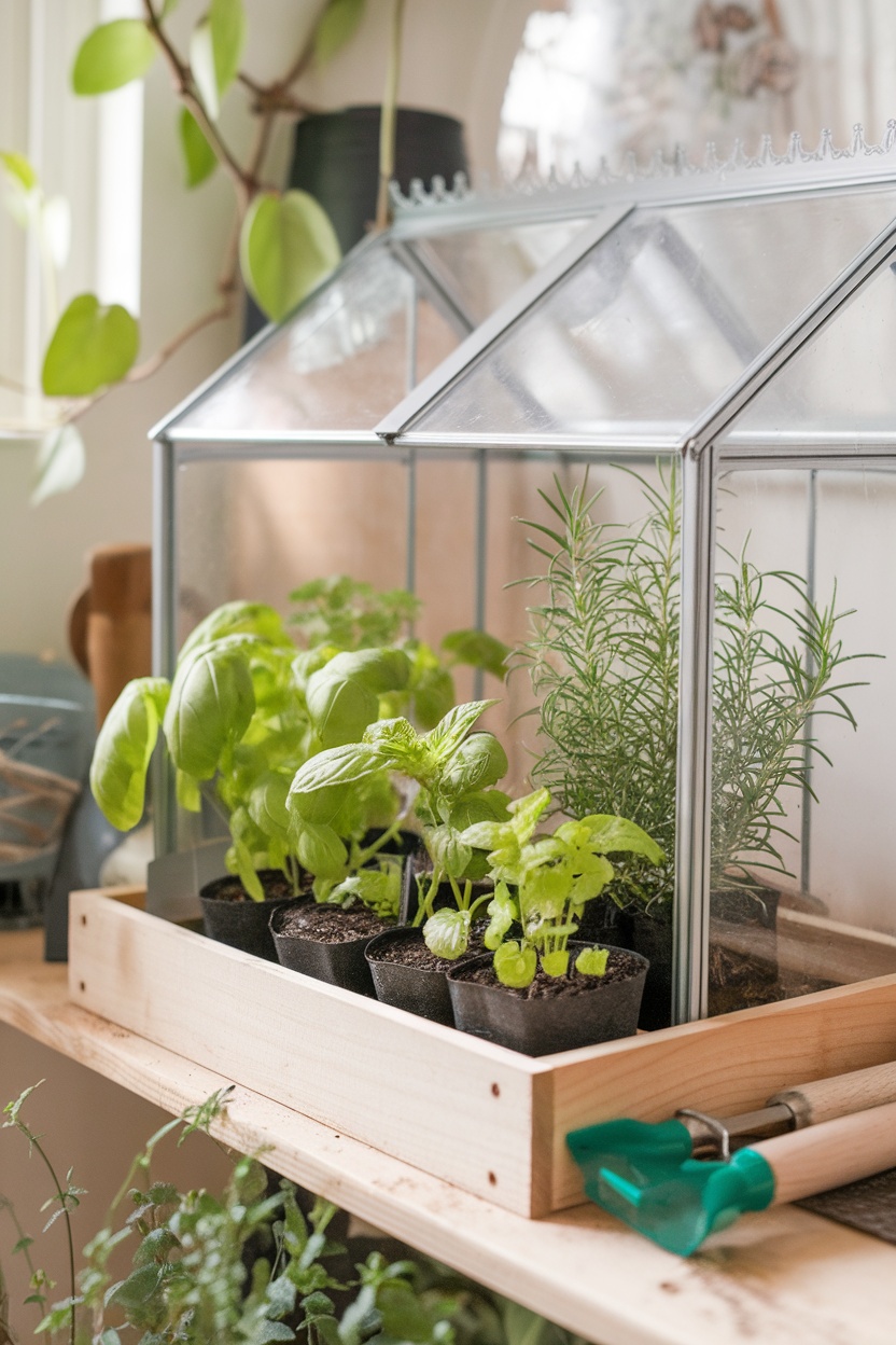 A mini greenhouse with various herbs like basil and rosemary growing inside.