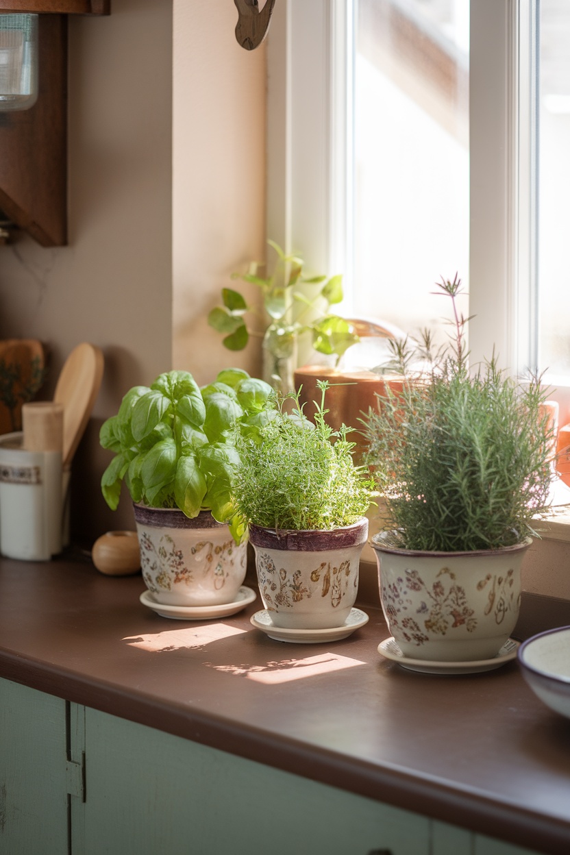 Indoor herb garden with basil, thyme, and rosemary in decorative pots on a windowsill.