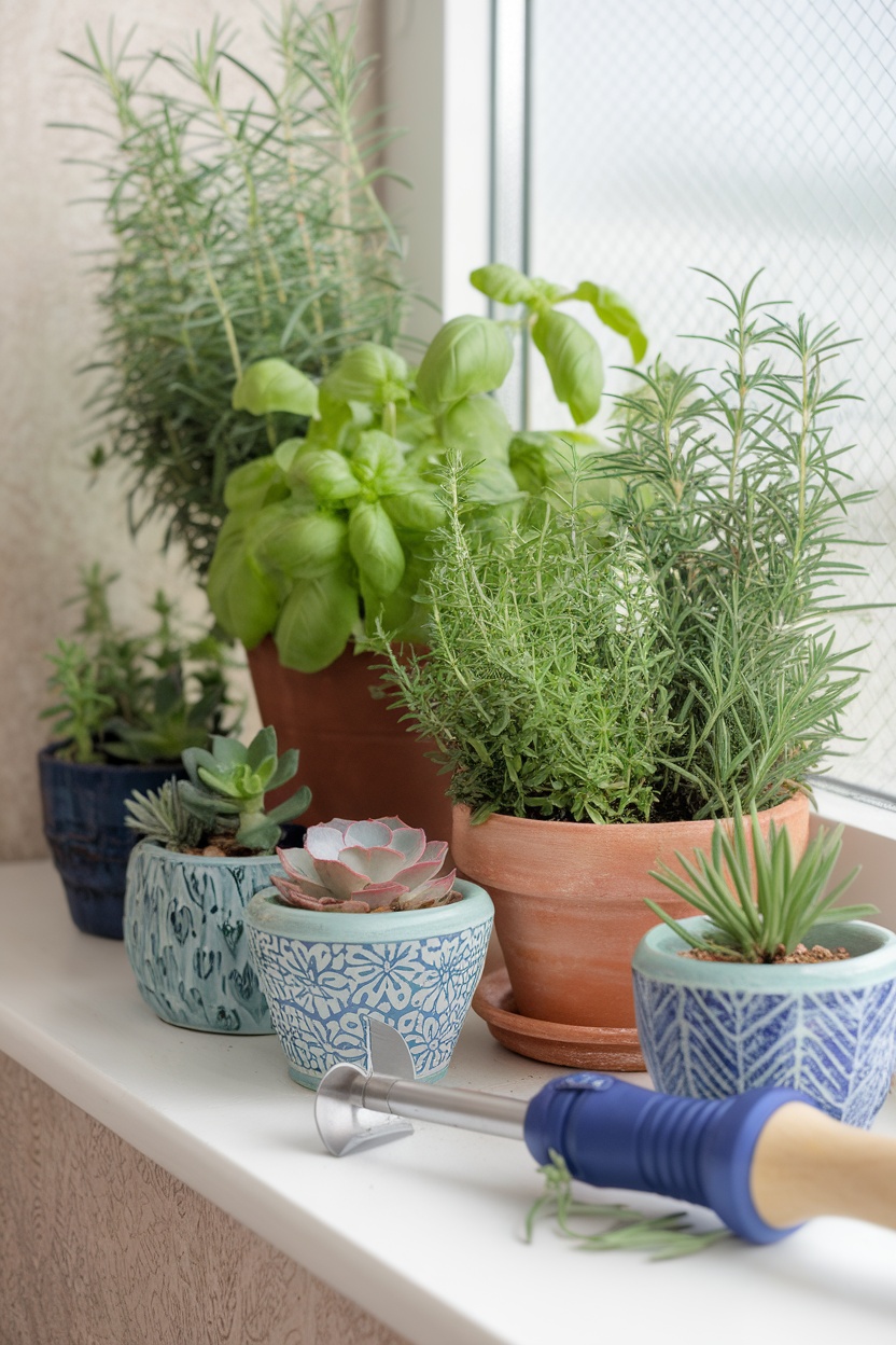 Indoor potted herb garden with various herbs in decorative pots