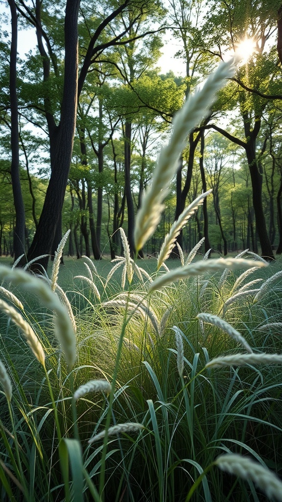 Japanese Forest Grass swaying in the breeze with sunlight filtering through trees