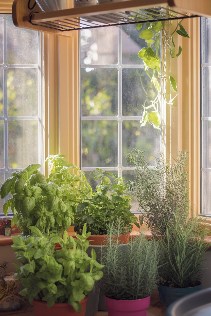 Kitchen bay window herb garden with various herbs in pots