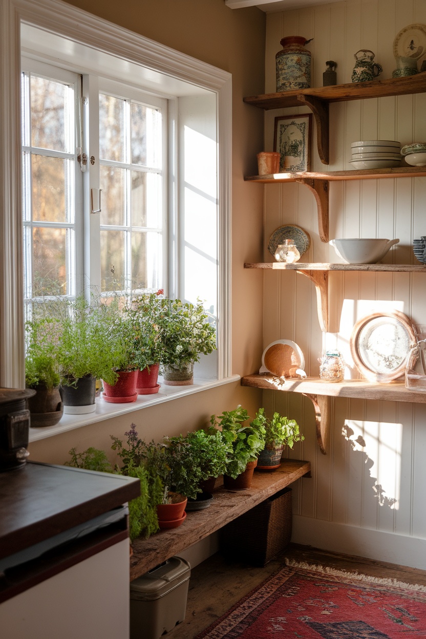 A cozy kitchen window herb garden with various pots of herbs on a wooden shelf.