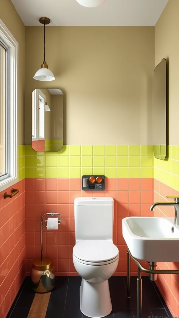 Bathroom featuring lime green and salmon color block tiles, modern toilet, and sink.