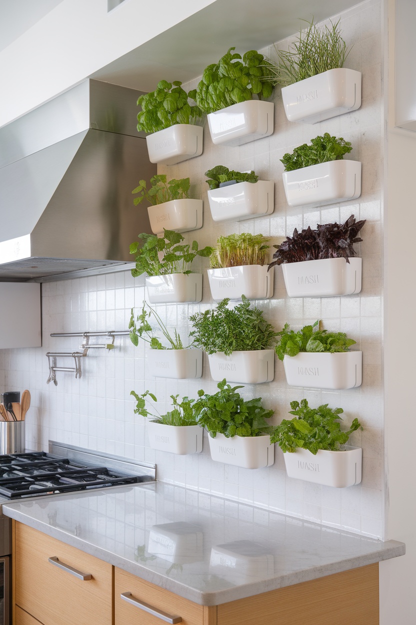 A wall-mounted setup of white magnetic herb planters filled with various herbs in a modern kitchen