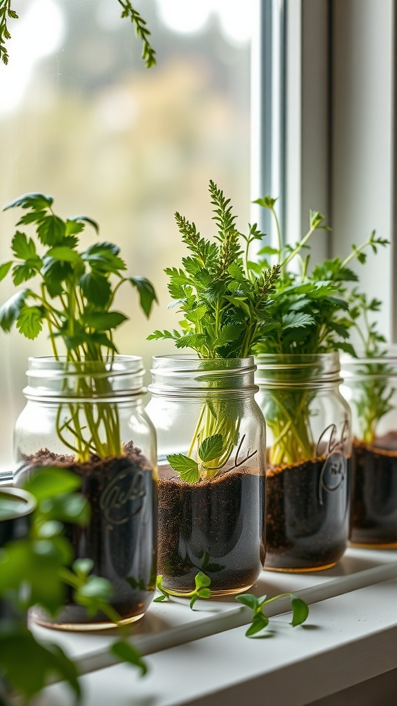 Several mason jars containing soil and growing herbs on a windowsill