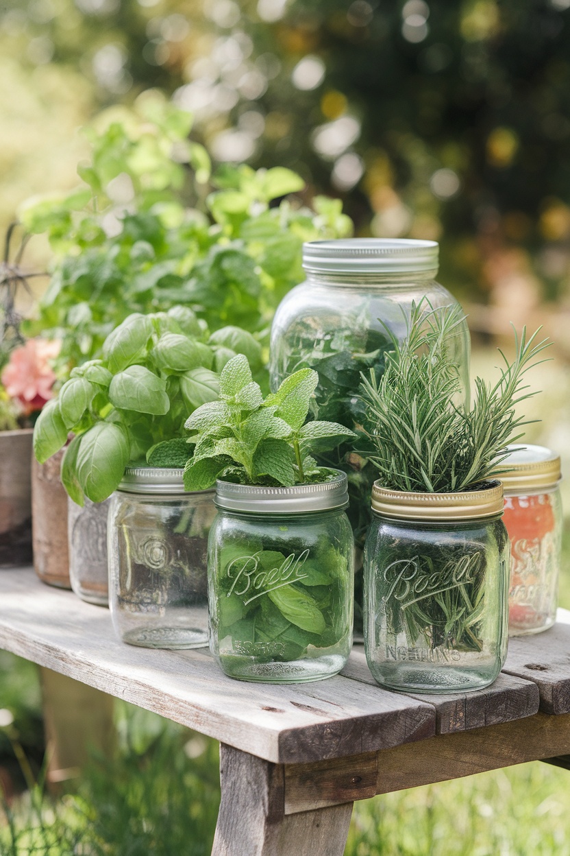 Mason jar herb garden with various herbs on a wooden table