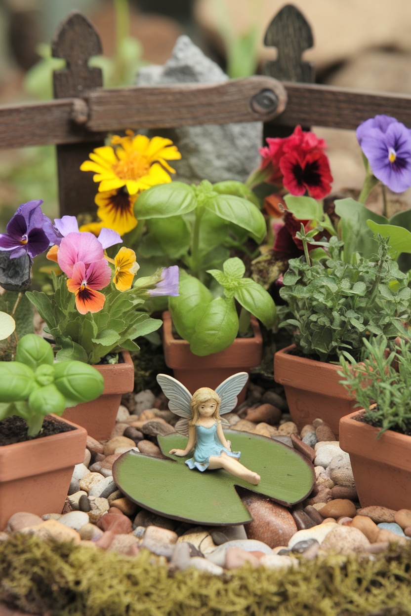 A colorful mini fairy herb garden with flowers and a fairy figurine