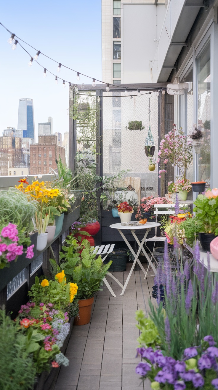 A vibrant mini garden on a balcony filled with colorful flowers, herbs, and a cozy seating area.