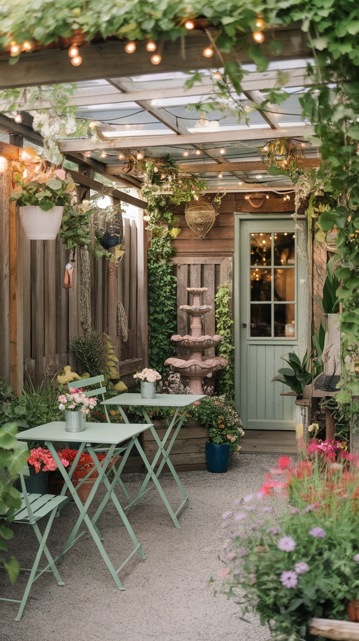 A cozy mini garden cafe with small tables, a fountain, and lush plants.