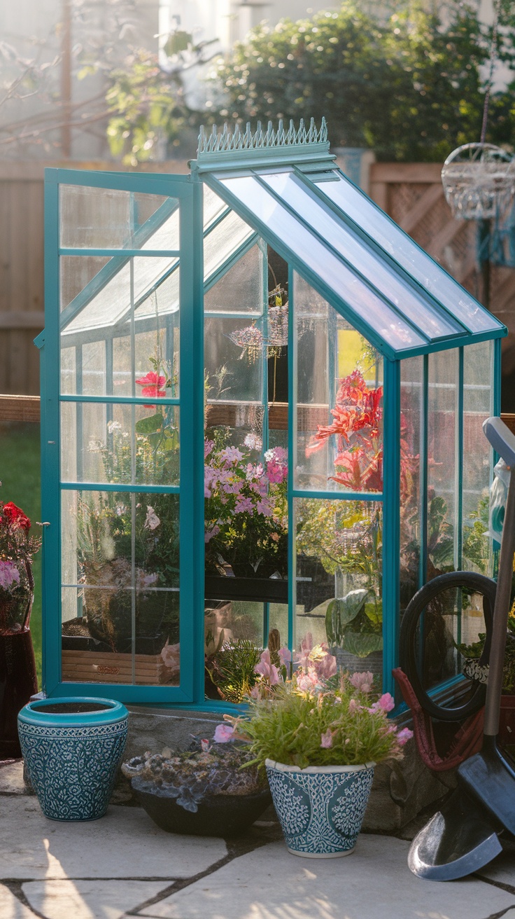 A teal mini garden greenhouse filled with colorful plants and flowers.