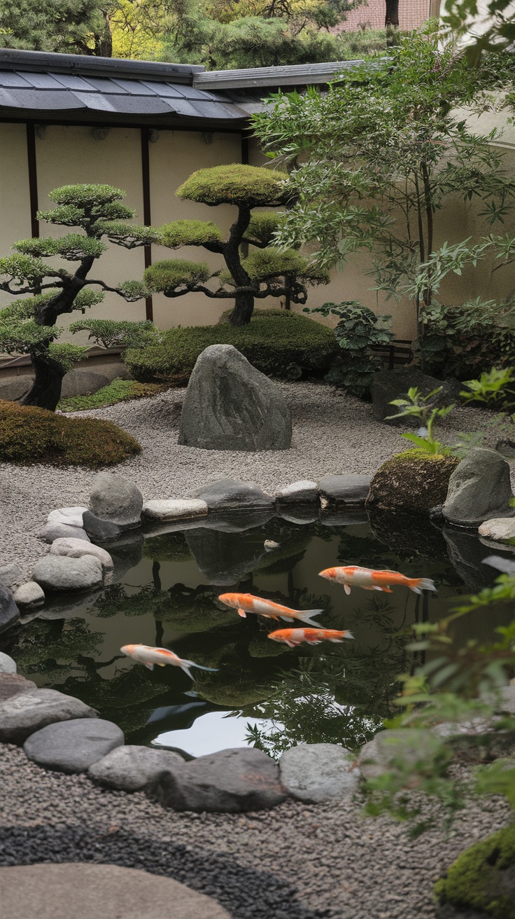 A serene Japanese mini garden featuring a pond with koi fish and bonsai trees.