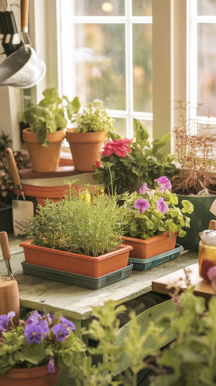 A mini indoor garden with potted herbs and flowers on a windowsill.