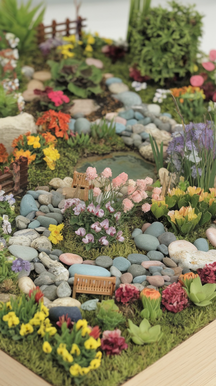 A vibrant mini garden landscape with various flowers, pebbles, and a small pond.