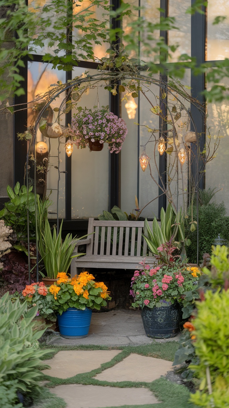 A cozy mini garden nook with a wooden bench, vibrant flowers, and decorative pendant lights.