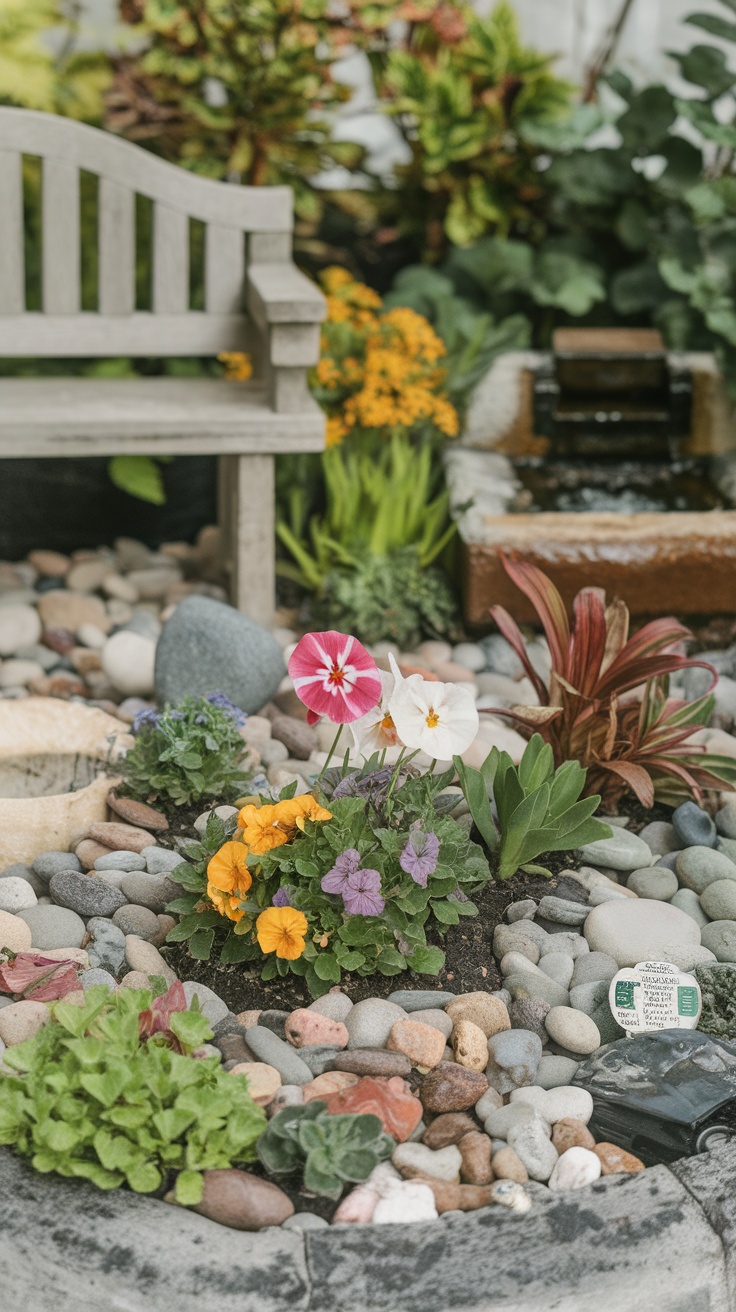 A cozy outdoor mini garden with colorful flowers, a wooden bench, and pebbles, featuring a water fountain in the background.