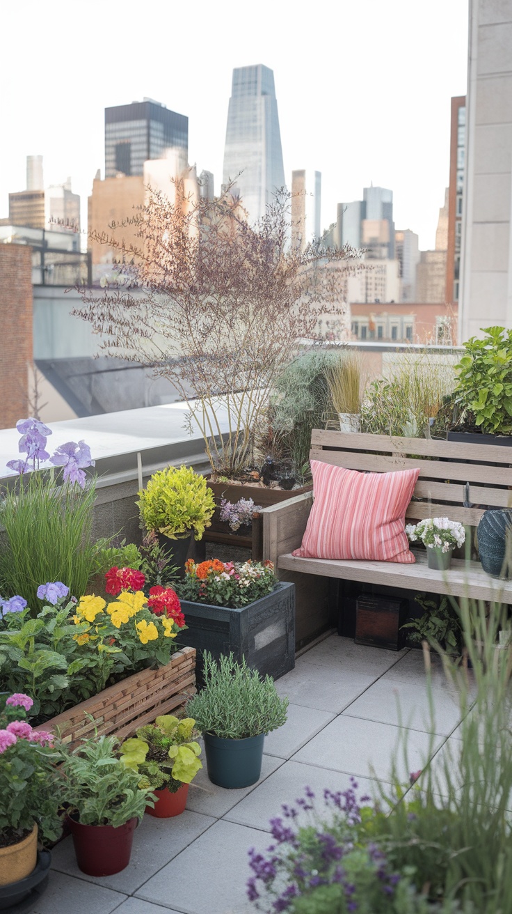 A vibrant rooftop garden with various flowers and greenery against a city skyline.