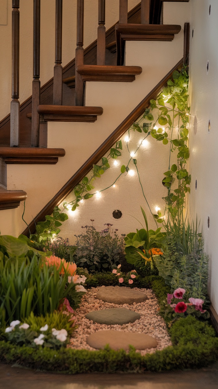 Mini garden under stairs with plants, pebbles, and string lights