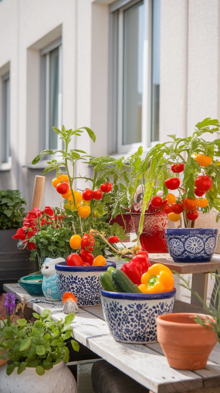 Colorful mini vegetable garden in decorative pots with tomatoes, peppers, cucumbers, and herbs.